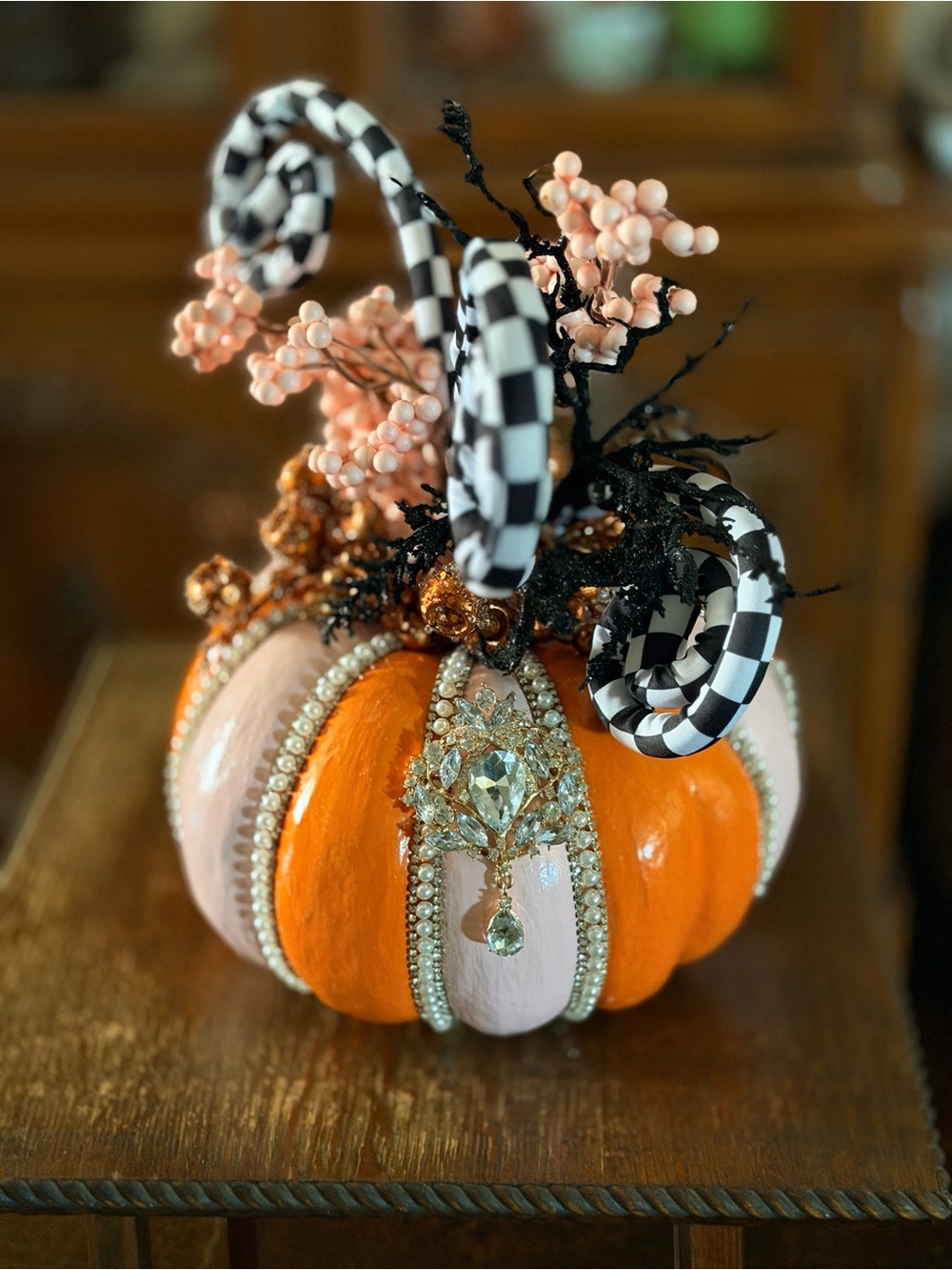 Custom Decorative Bejeweled Orange & Pink Pumpkin Accent